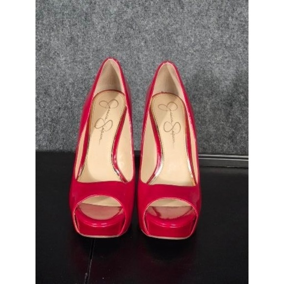 Jessica Simpson Red Patent Leather Cork Platform Wedge Peep Toe Heels 8.5M Sexy - Picture 2 of 8